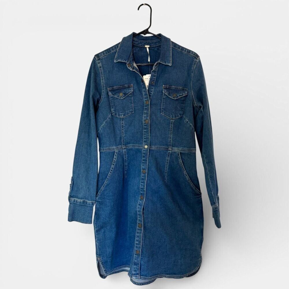 NWT Free People Dynomite Denim Dress Size Large Retro 1970's Western Boho - Picture 2 of 6